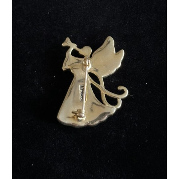 Monet Gold Tone Rhinestone Christmas Angel with Horn Brooch‎ Pin - Picture 2 of 3